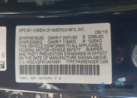 2018 Honda Accord Hybrid Touring from USA, damaged, VIN 1HGCV3F97JA010561